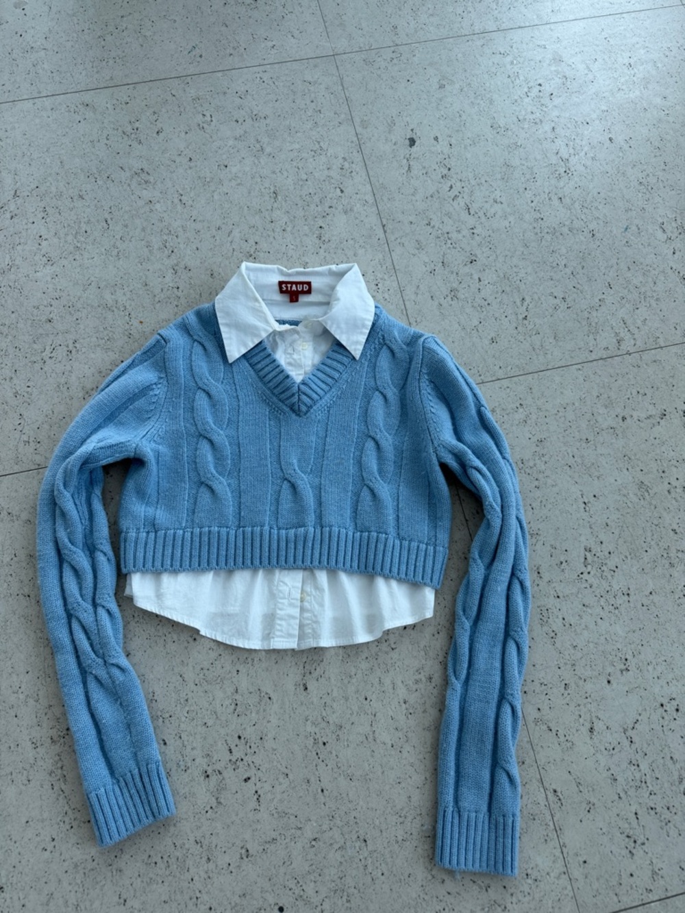 STAUD Sky Blue Cable Knit Cropped Sweater with White Shirt Collar
